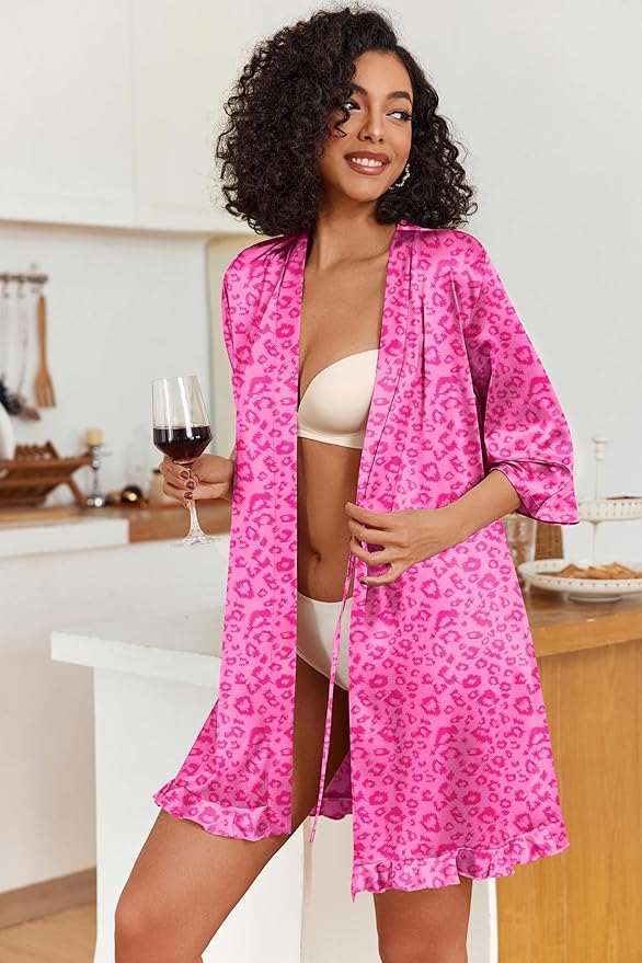 Ekouaer Women's Satin Robes Silk Kimono Bath Robe Short Ruffled Hem Bride Bridesmaid Sleepwear with Pockets