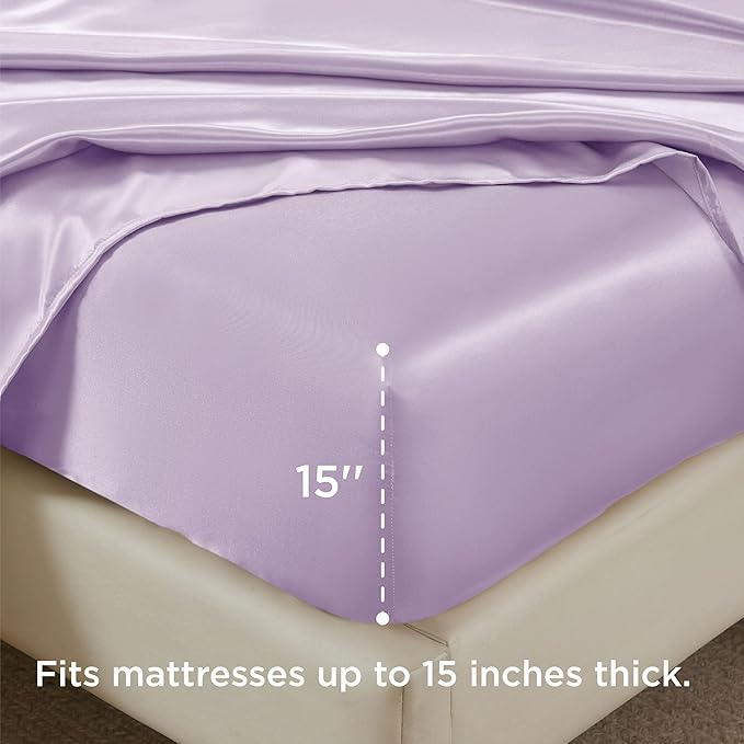 Bedsure Satin Sheets Full Size - 4 Piece Silky Bedsheets with 15 Inches Deep Pocket Fitted Bedsheet,1 Flat Sheet, 2 Satin Pillowcases, Good for Hair & Skin (Full, Lavender)