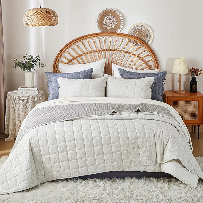 White Twin Quilt， Cotton Linen Twin Quilt Bedding Set，2-Pieces Quilted with Grey Gingham Coverlet Light Weight Bedding comforters with 1 Pillow Sham