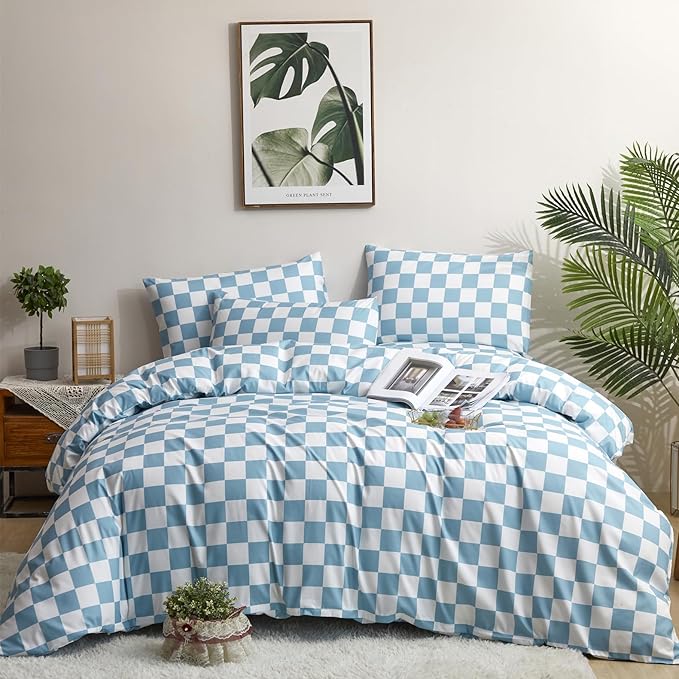 karever Blue White Grid Comforter Set Queen Blue Plaid Bedding Set Women Blue and White Checkered Bed Comforter Set Breathable Blanket Set Men Durable Bedding Comforter Set,Queen(90''*90'')