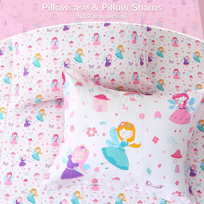 Viviland Kids Full Bedding Sets for Girls, Soft Full Comforter Set with Sheets, 7 Pieces Microfiber Bed in a Bag, Fairy Mushroom