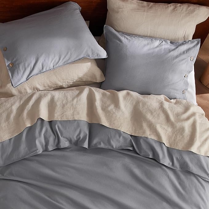 Bedsure Linen Duvet Cover Queen - Linen Cotton Blend Bedding Set, Soft & Cozy, 3 Pieces, 1 Duvet Cover 90x90 Inches and 2 Pillowcases, Silver Grey Color Cooling Bedding, Comforter Sold Separately