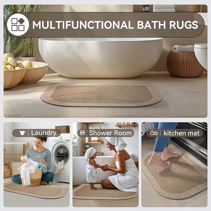 Bathroom Rugs Mat 20x31, Ultra Thin Non Slip Bath Mats for Bathtub Quick Dry Absorbent Rubber Bathroom Mat Fit Under Door, Woven Washable Half Round Bath Rugs Floor, Beige Brown