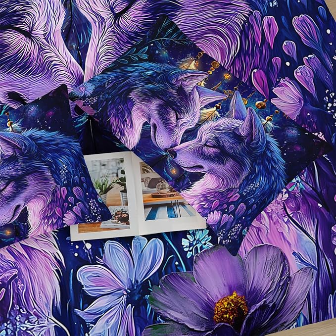 Purple Wolf Bedding Comforter Set Queen Size，Dreamcatcher Flower Quilt Bedding Set Queen，with 1 Comforter with 2 Pillow Case，Wolf Bedroom Decor for Kids Girls Boy