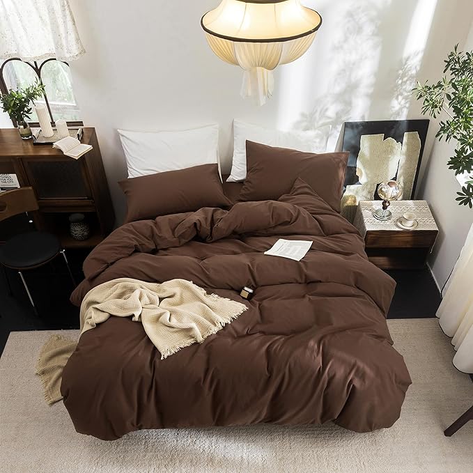 FOSSA Duvet Cover Set 100% Washed Cotton Linen Feel Super Soft Breathable Cozy 3 Pieces Bedding Sets Solid Cocoa Brown Oversized Queen