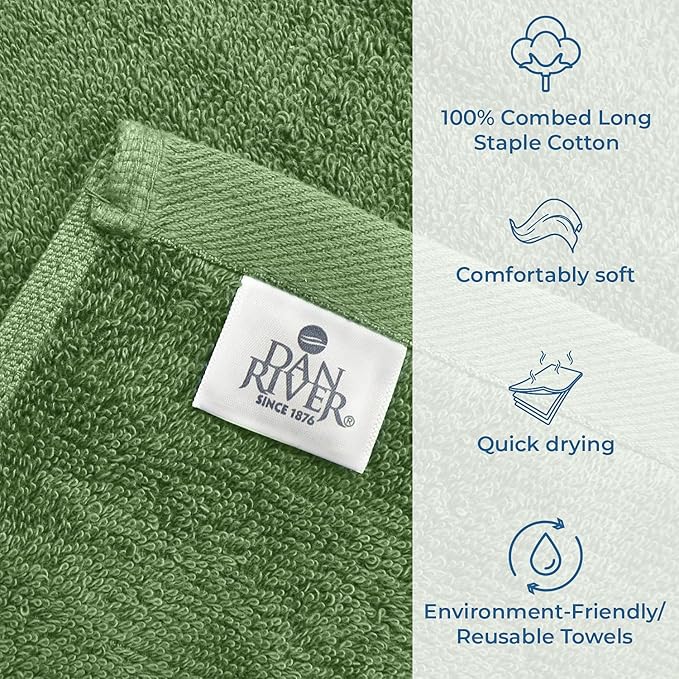 DAN RIVER Bath Towels Set of 4, 27 x 54 Inches, 100% Cotton, Larger & Lighter Weight, Quicker to Dry, Super Soft and Absorbent, Ideal Large Bath Towel for Daily Use, Sage Green