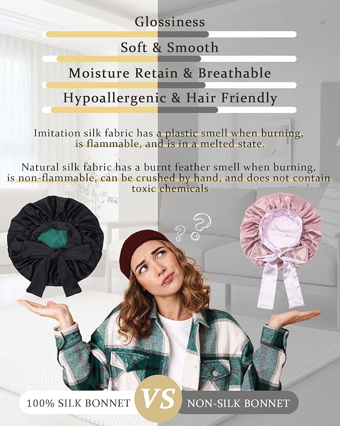 100% Mulberry Silk Bonnet for Sleeping Women Double Layer Silk Hair Bonnet Natural Silk Sleep Cap with Elastic Reversible Hair Wrap (Black+Green)