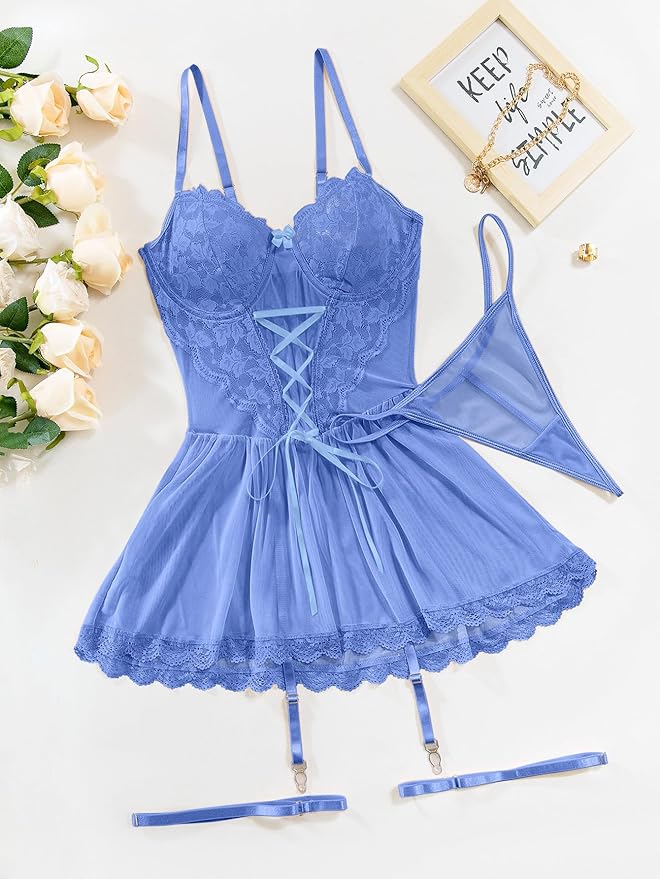 Lilosy Sexy Garter Belt Mesh Lace Babydoll Lingerie Dress Set with Thong