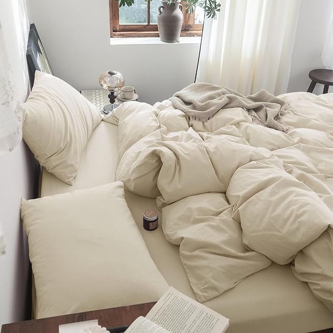 FOSSA Duvet Cover Set 100% Washed Cotton Linen Feel Super Soft Breathable Cozy 3 Pieces Bedding Sets Solid Almond Grey Oversized King