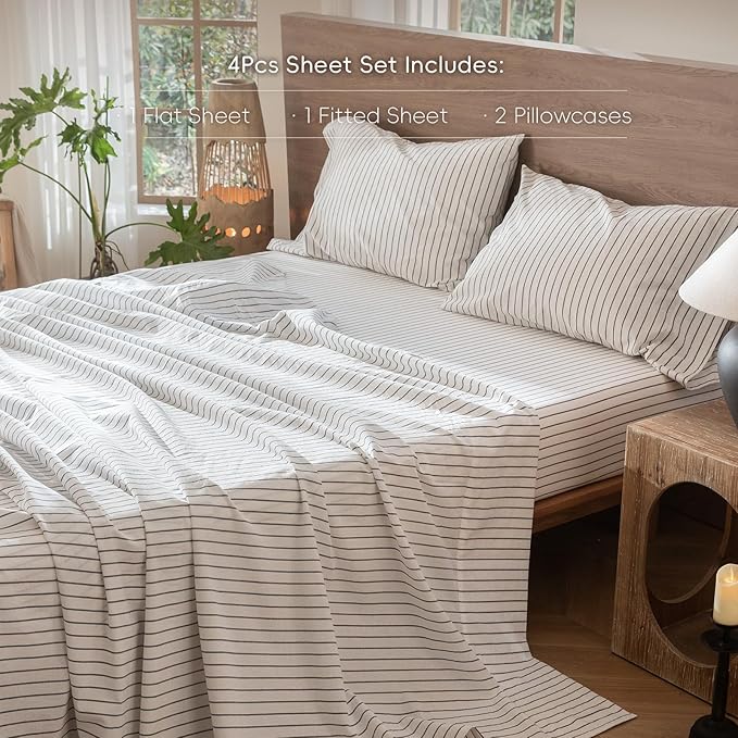 MooMee Striped Sheet Set 100% Washed Cotton Linen Like Textured Breathable Durable Soft Comfy (White Dark Grey Wide Stripes, Full)
