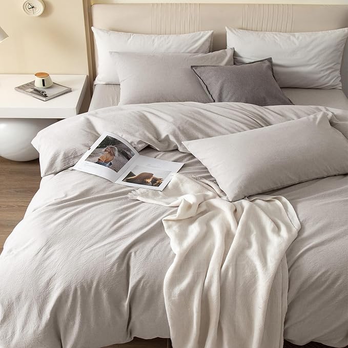JIYUAN 100% Washed Cotton Duvet Cover Set 3 PCS Oversized King, 1 Duvet Cover 120"x98" (Comforter Not Included) and 2 Pillowcases,Linen Feel Bedding Set Comfy and Breathable, Heathered Cream Grey