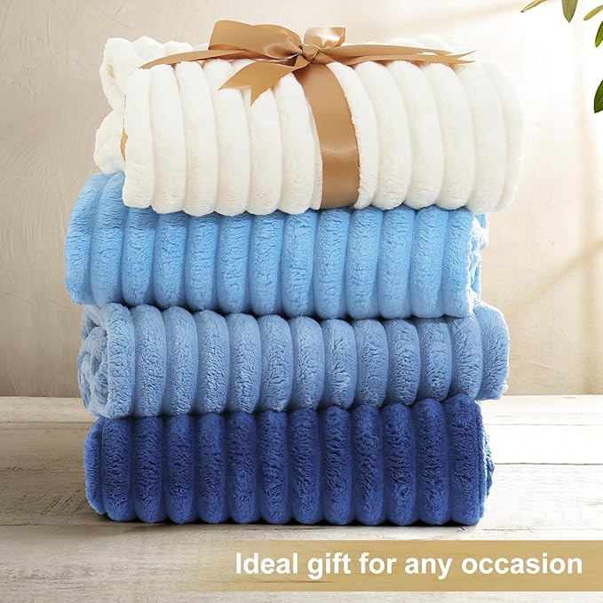 decorUhome Christmas Soft Fleece Navy Blue Twin Blanket for Bed, Cozy Fluffy Plush Flannel Striped Throws for Couch Sofa, Lightweight Decorative Ribbed Fuzzy Blanket for Woman, 60x80 Inches