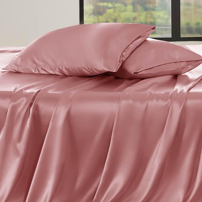 Bedsure Satin Sheets Full Size - 4 Piece Silky Bedsheets with 15 Inches Deep Pocket Fitted Bedsheet,1 Flat Sheet, 2 Satin Pillowcases, Good for Hair & Skin (Full, Coral)