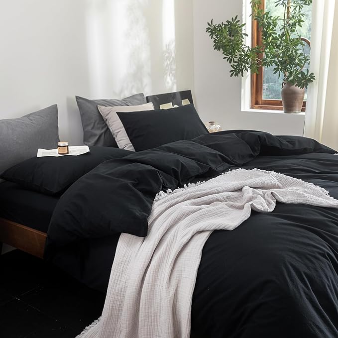 FOSSA Duvet Cover Set 100% Washed Cotton Linen Feel Super Soft Breathable Cozy 3 Pieces Bedding Sets Solid Black Queen