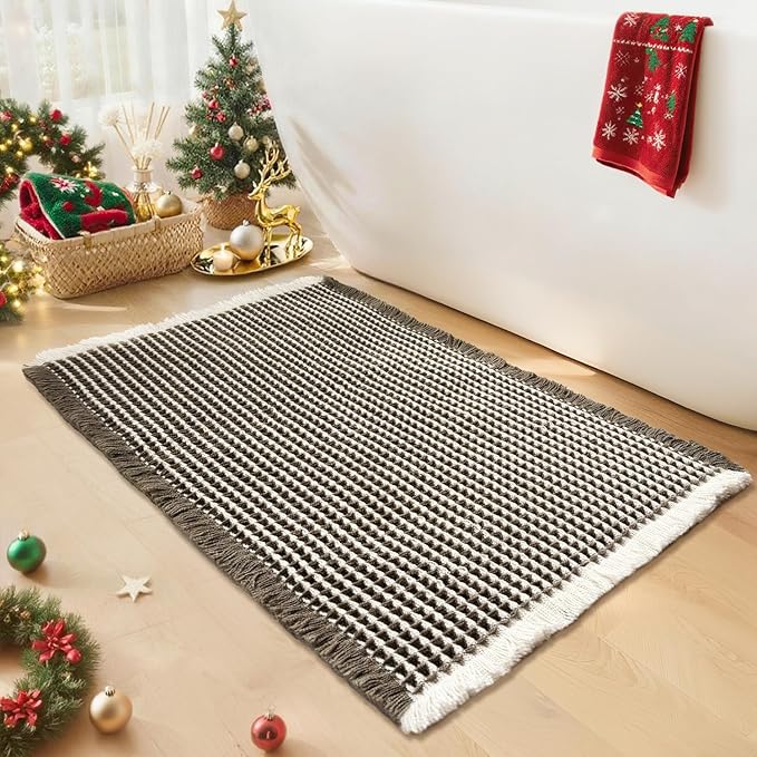 Waffle Bath Mat - Boho Bathroom Rugs Non Slip Washable, Super Absorbent & Quick Dry, Small Bath Mats Farmhouse Bathroom Decor, 18'' x 30'', Olive Green and White