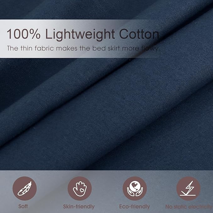 Queen Size 14 inch Drop Navy Blue Dust Ruffle, 100% Lightweight Cotton Ruffled Bed Skirt, French Coutry Style, Lace Ruffled Bed Skirt with Split Corners