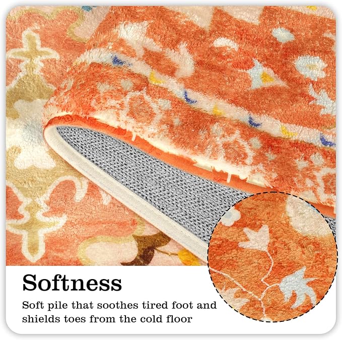 Uphome Boho Tribal Orange Cute Floral Non-Slip Machine Washable Soft Oriental Bath Mats for Sink Shower Doormat Tub, 20x31 inch
