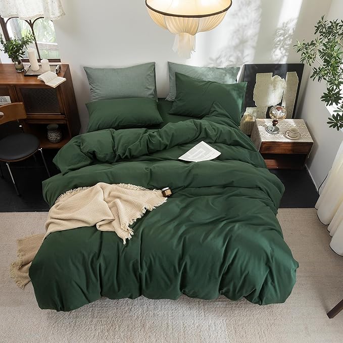 FOSSA Duvet Cover Set 100% Washed Cotton Linen Feel Super Soft Breathable Cozy 3 Pieces Bedding Sets Solid Forest Green Queen