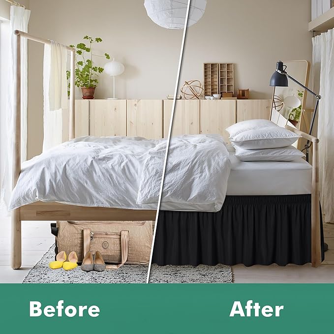 Biscaynebay Wrap Around Bed Skirts with Split Corners for Full Beds 16" Drop, Black Elastic Dust Ruffles Adjustable Easy Fit Wrinkle & Fade Resistant Silky Luxurious Fabric Machine Washable