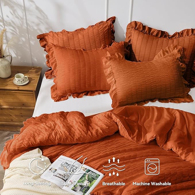 JOLLYVOGUE Burnt Orange Queen Comforter Set, 3 Pieces Seersucker Comforters Queen Size, Lightweight & Fluffy Bedding Sets Queen for All Season with 1 Ruffle Comforter and 2 Ruffle Pillowshams