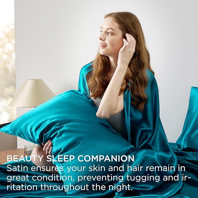 Bedsure Satin Sheets Full Size - 4 Piece Silky Bedsheets with 15 Inches Deep Pocket Fitted Bedsheet,1 Flat Sheet, 2 Satin Pillowcases, Good for Hair & Skin (Full, Teal)