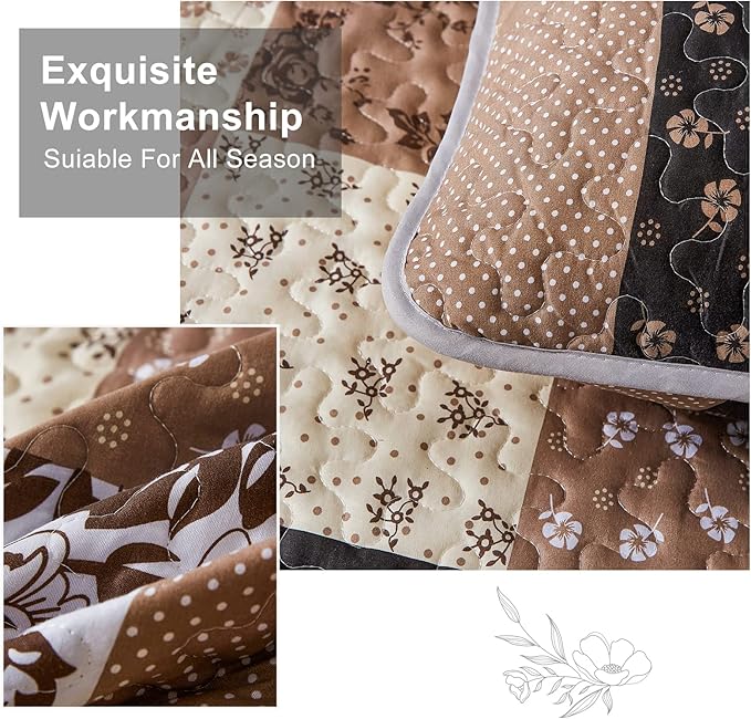 Mybedsoul Brown Patchwork Quilt Set California King Size,3 Pieces Khaki Floral Plaid Reversible Bedspread Coverlet Set for All Season,Summer Soft Microfiber Bedding Set 96"x 106"