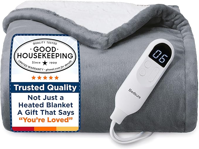 Bedsure Heated Blanket Throw Blanket - Fast Heating Electric Blanket, Soft Flannel Heated Throw with 4 Time Settings, 6 Heating Settings, Warm Gifts for Grandma & Grandpa & Seniors (50“x60”, Grey)