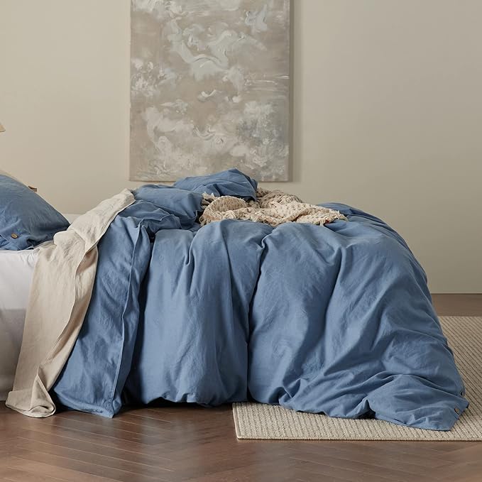 Bedsure Linen Duvet Cover Queen - Linen Cotton Blend Bedding Set, Soft & Cozy, 3 Pieces, 1 Duvet Cover 90x90 Inches and 2 Pillowcases, Foggy Blue Color Cooling Bedding, Comforter Sold Separately