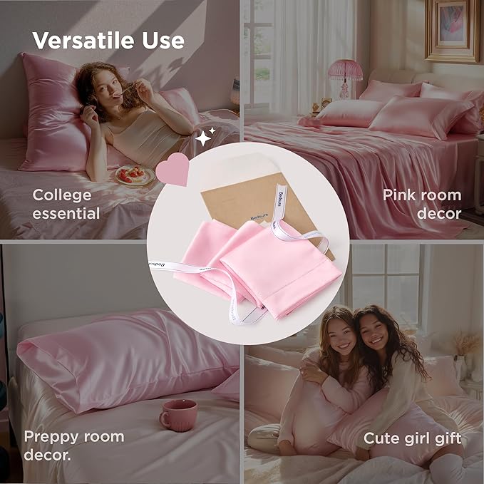 Bedsure Satin Pillowcase for Hair and Skin Queen, Similar to Silk Pillow Cases, Pillow Cases Set of 2 with Envelope Closure, Pink Christmas Room Decor Essentials for Girls, 20x30 Inches, 2pcs