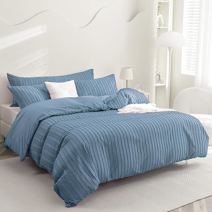JELLYMONI Duvet Cover King Size Blue - 3PCS Boho Striped Duvet Cover Set Polyester Tufted Bohemian Textured Comforter Cover with Corner Ties & Zipper Closure