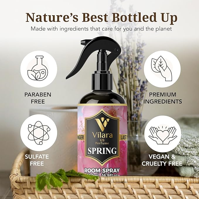 Vilara US Room Spray Freshener – Long-Lasting Luxury Perfume Scent, Linen & Fabric Spray for Bedding, Furniture, Home & Bedroom Aromatherapy – 16.9 fl oz (Spring)