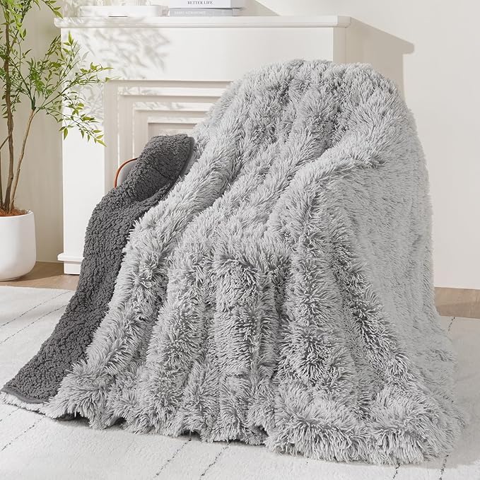 Wemore Shaggy Long Fur Faux Fur Weighted Blanket, Cozy and Plush Sherpa Long Hair Blanket for Adult 20lbs, Fluffy Fuzzy Sherpa Reverse Heavy Blanket for Bed, Couch, Backprint Grey, 60 x 80 Inches