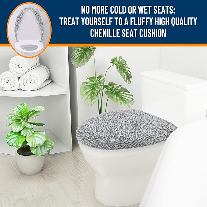 OLANLY Soft Chenille Bathroom Toilet Lid Cover, Machine Washable Seat Covers, 17.5x15, Stays in Place Rubber Backing, Fits Most Round, Elongated and Oblong Lids, Accessories Decor, Light Gray