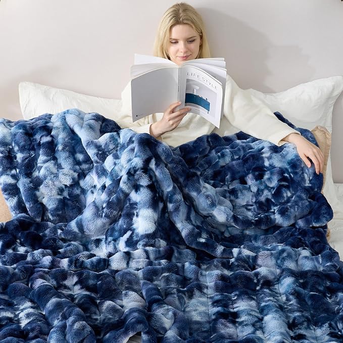 Cozy Bliss Faux Fur Throw Blanket for Couch, Fuzzy Soft Plush Thick Striped Blanket for Sofa Bedroom Living Room, 60 * 80 Inches Tie-dye Blue
