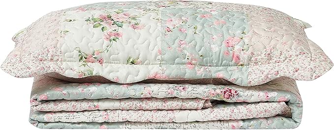 Brilliant Sunshine Rose and Sage Quilt Set, 2-Piece Bedding Sets, Traditional Patchwork Design, Washable and Reversible Bedspread, Soft Lightweight Coverlet, All-Season, Twin/Twin XL, Light Pink Green