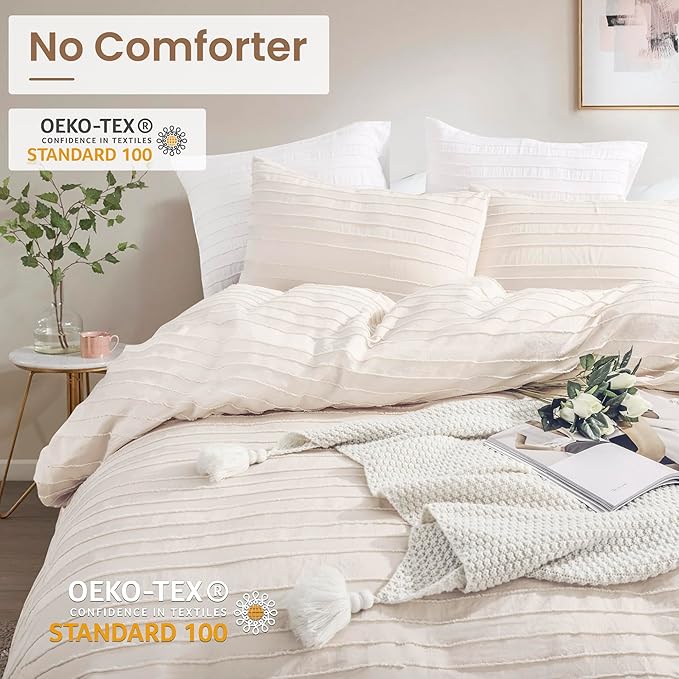 NEXHOME PRO Duvet Cover Full Size, Light Khaki 3 Pieces Boho Tufted Duvet Cover Set, Soft and Lightweight Microfiber Comforter Cover Set for All Season (Light Khaki Full, 80 x 90)-No Comforter