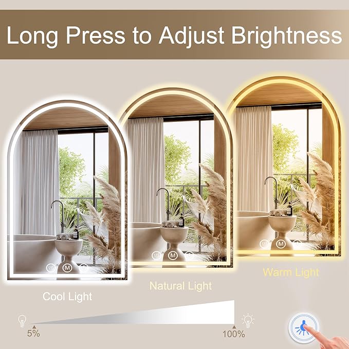 LED Bathroom Mirrors with Lights 36"x60" Arched Mirror for Wall,Led Vanity Mirror, Anti-Fog,LED Mirrors with Front Light and Backlit, Anti-Fog, Dimmable, 3 Color, Shatterproof, Touch Sensor