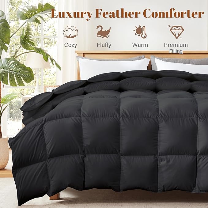 Cosybay Heavyweight Twin Size Feather Down Fiber Comforter - Black Thicker Winter Duvet Insert, Ultra Soft 100% Cotton Cover, Luxury Hotel Bedding with Corner Tabs, 68"x90"