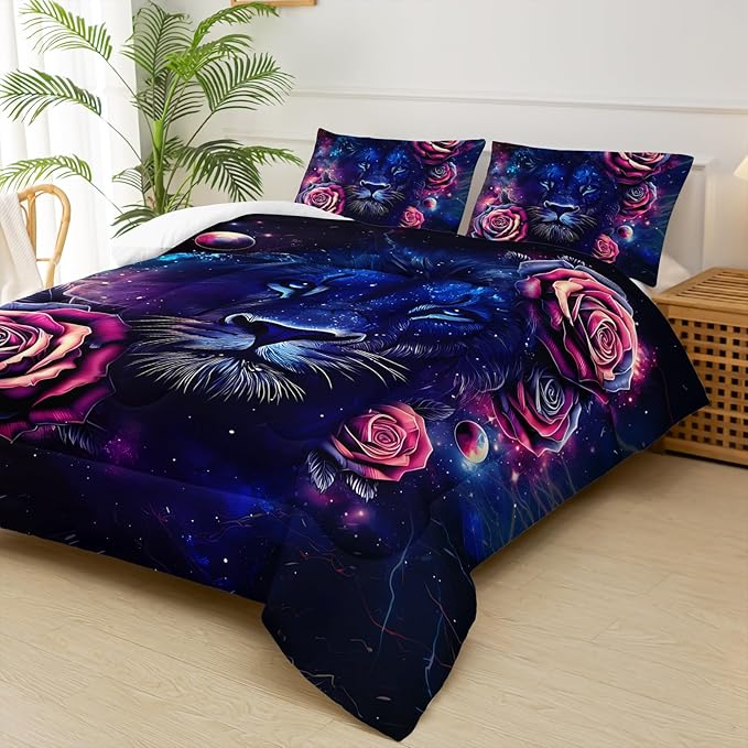 Black and Red Galaxy Roses Lion Comforter Set Queen Size，Queen Size Bedding Set Animal Print，Jungle Animal Bedroom Decor，with 1 Comforter with 2 Pillow Case