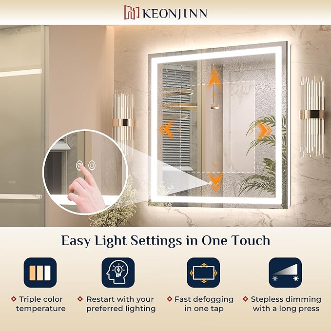Keonjinn LED Bathroom Mirror 28 x 36 Inch, Frontlit & Backlit Vanity Mirror with 3 Color Lights, Lighted Mirror for Bathroom Wall with Anti-Fog, HD Tempered Glass, UL-Listed LED Driver, CRI90+