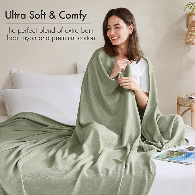 Madison Park Queen Size Blanket, 70% Rayon Bamboo-Based, 30% Cotton, Breathable for Hot Sleepers Menopause, Ultra Soft and Snag-Resistant, Summer Blanket for Bed or Couch, Queen 90"x90" Sage Green