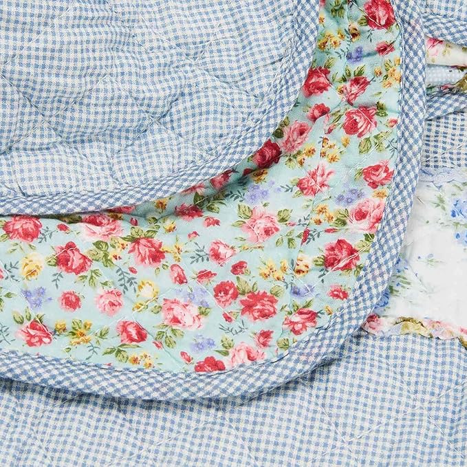 Cozyholy Original 100% Cotton Patchwork Quilt Blue Floral Bedspread Coverlet Reversible Vintage Shabby Chic Quilted Throw Blanket Bed Quilt Cover for Couch Sofa