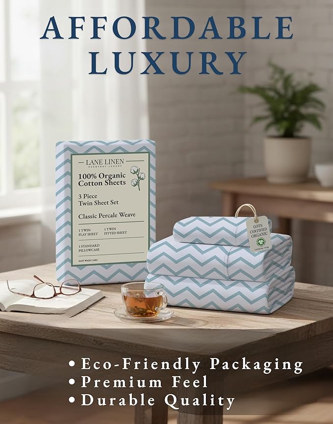LANE LINEN 100% Organic Cotton Twin Size Bed Sheets, Fully Elasticized Mercerised Cotton Naturally Cooling Twin Bed Sheets Machine wash Ecor Friendly Prined Deep Pocket Sheets -Chevron Design