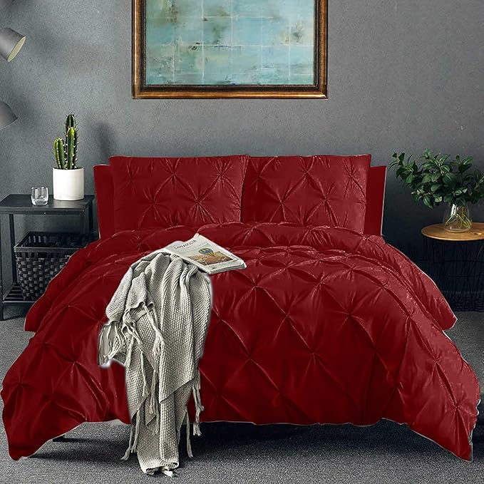 Pinch Pleated Duvet Cover Set 100% Brushed Microfiber 3PC Queen Size 90x90 Duvet Cover Set, Decorative Pinch Design Burgundy Duvet Cover with Matching Pillow Case