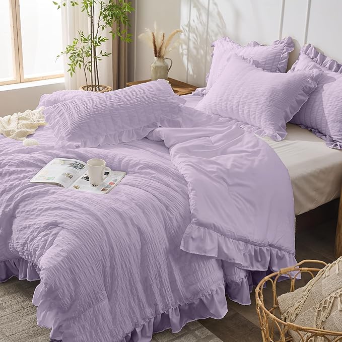 JOLLYVOGUE Lavender Comforter Full Size, 3 Pieces Seersucker Lightweight Full Size Bedding, All Season Fluffy Microfiber Bedding Comforter Set with 1 Ruffle Comforter and 2 Ruffle Pillowshams