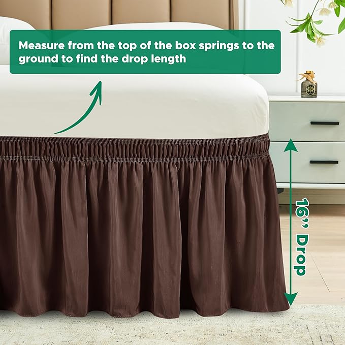 Biscaynebay Wrap Around Bed Skirts for King & Cal King Beds 16" Drop, Brown Adjustable Elastic Dust Ruffles Easy Fit Wrinkle & Fade Resistant Silky Luxurious Fabric Solid Machine Washable