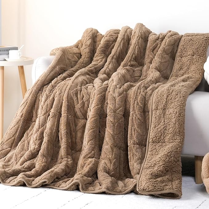 Cottonblue Weighted Blanket 15lbs Queen Size for Adults - Plush Cozy Sherpa Weighted Blanket for a Better Night's Sleep, Luxurious Jacquard Decor Blanket for Bed Sofa Couch, 60x80 Inches,Khaki