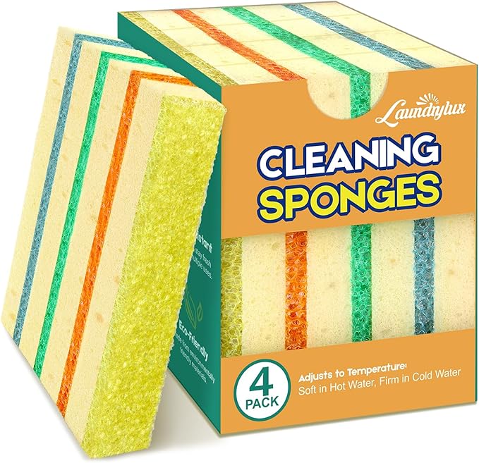 4 Pack Scrub Sponge - Temperature-Responsive - 50% More Power & Rinses Cleaner Cleaning Sponges, Multipurpose Dish Sponges for Kitchens, Bathrooms, and Outdoor Use - Patent Pending