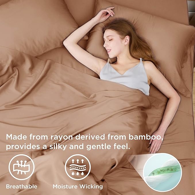 Bedsure California King Sheet Sets, Cooling Sheets for Hot Sleepers, Rayon Derived from Bamboo, Breathable & Soft, Deep Pocket Up to 16", Hotel Luxury Silky Bedding for Hot Sleepers, Khaki