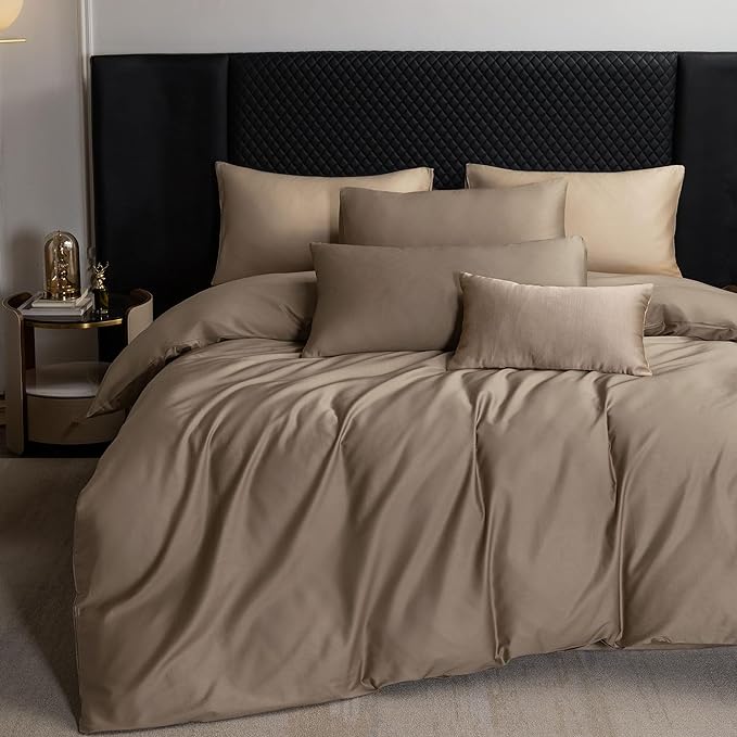 MooMee Duvet Cover Set 100% Extra Long Staple Cotton 600 Thread Count Silky Sateen Smooth Luxury Soft Breathable Durable Hotel Quality Bedding, 3 Pieces (Mocha Brown, Oversized Queen 98"x98")